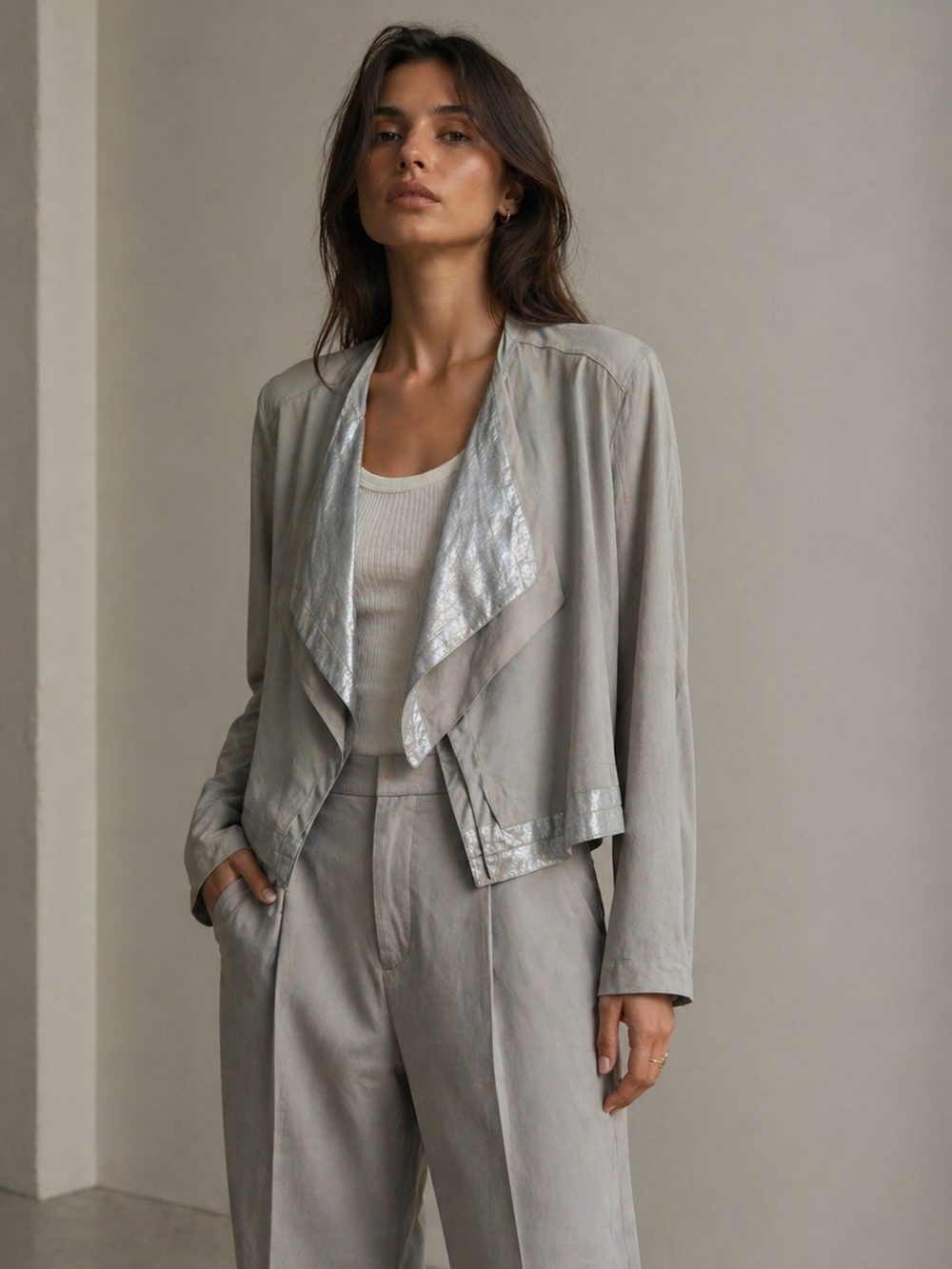 Lysse Silver-Trim Light Gray Draped Open-Front Jacket